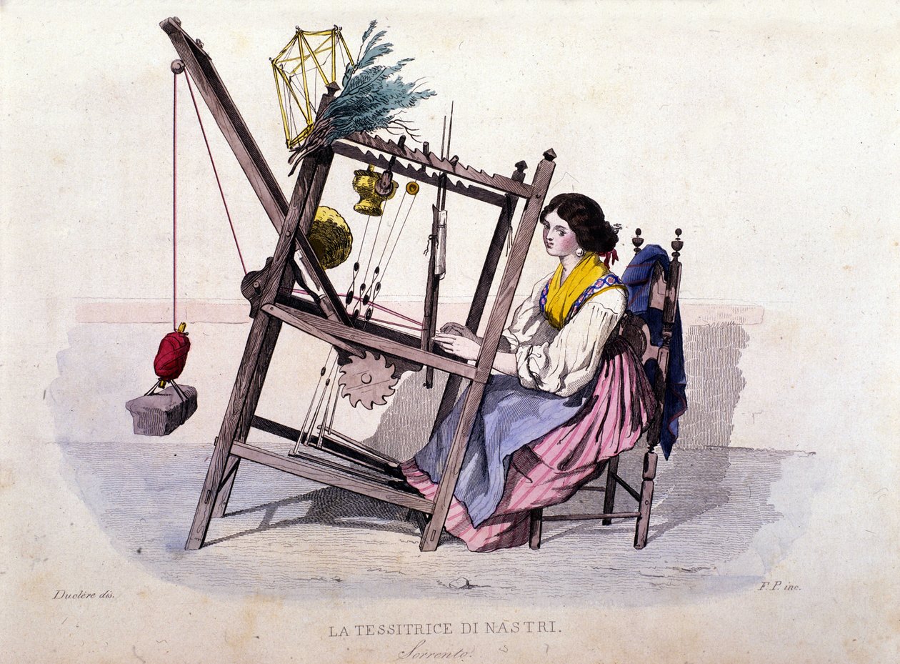 Petit commerce du royaume de Naples : jeune femme de Sorrente tissant des rubans. Gravure d