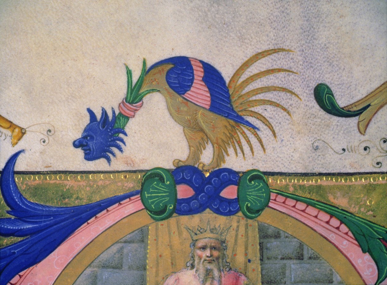 Missel 515 f.13v Créature fantastique à deux pattes avec visage humain, détail de la bordure décorative d