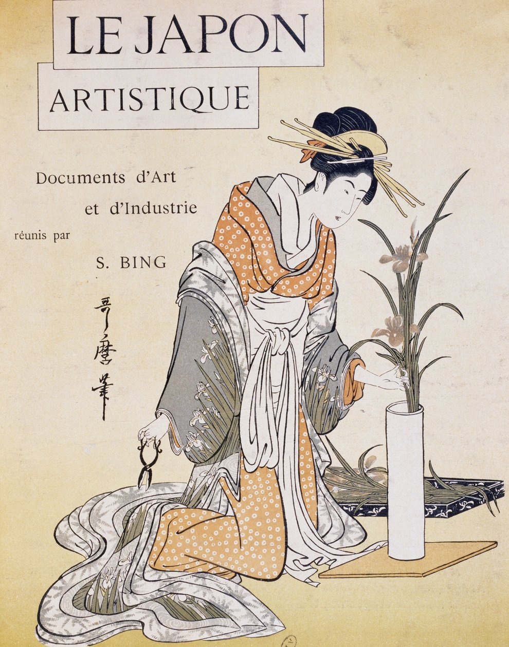 Femme arrangeant des fleurs dans un vase, couverture par Firmin Gillot, Le Japon Artistique, documents d