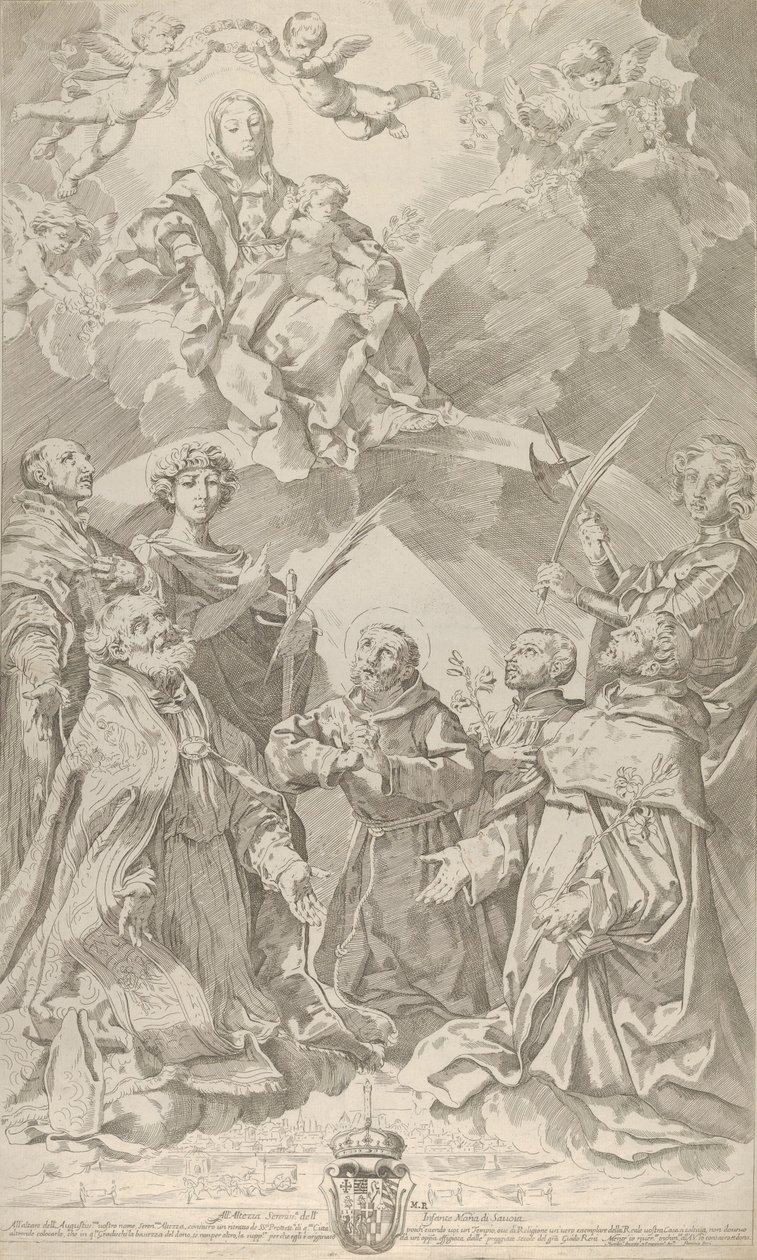 Saints patrons de Bologne regardant vers la Vierge assise dans les nuages... - Flaminio Torre