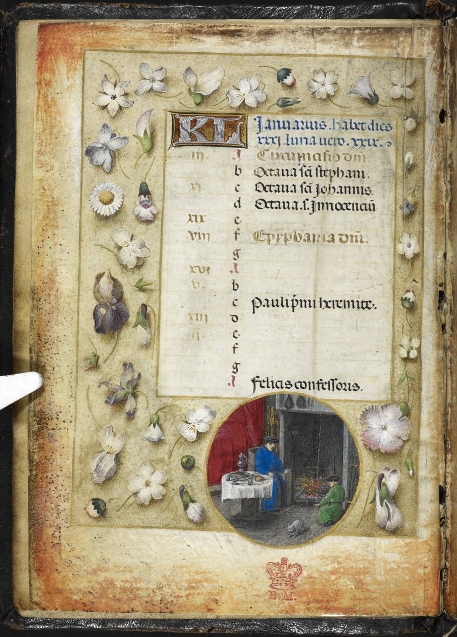 Page de calendrier pour janvier, avec une miniature ronde de deux hommes se réchauffant devant un feu, d
