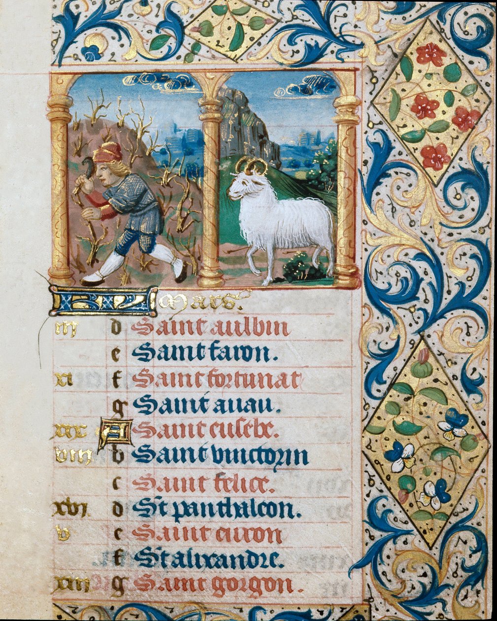 Calendrier, le mois de mars, un paysan semant et le bélier. Page tirée d