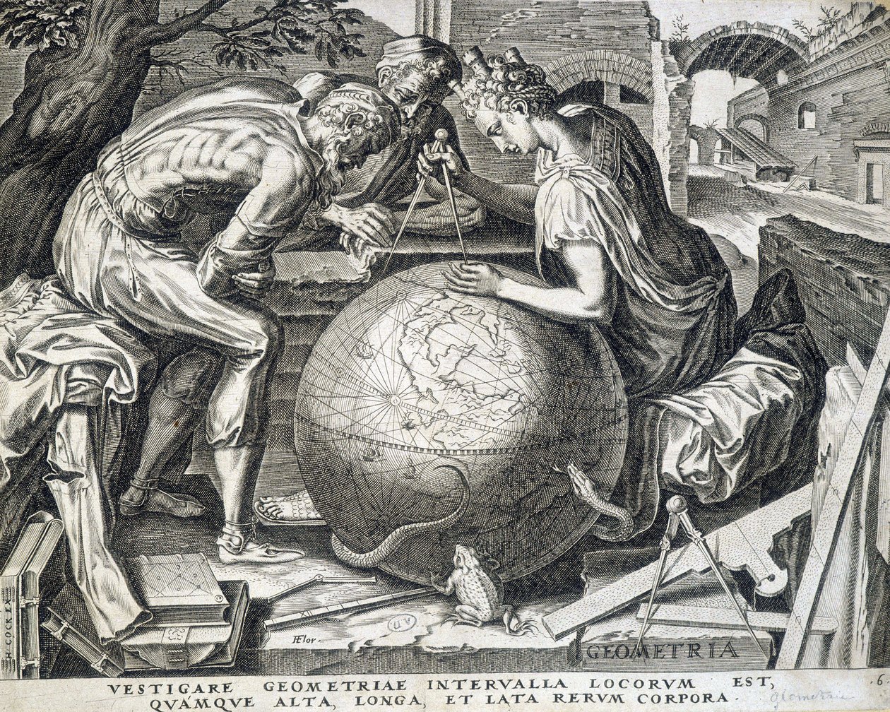 Personnages penchés au-dessus du globe avec compas (allégorie de la géométrie) - gravure, Flandres - Flemish School