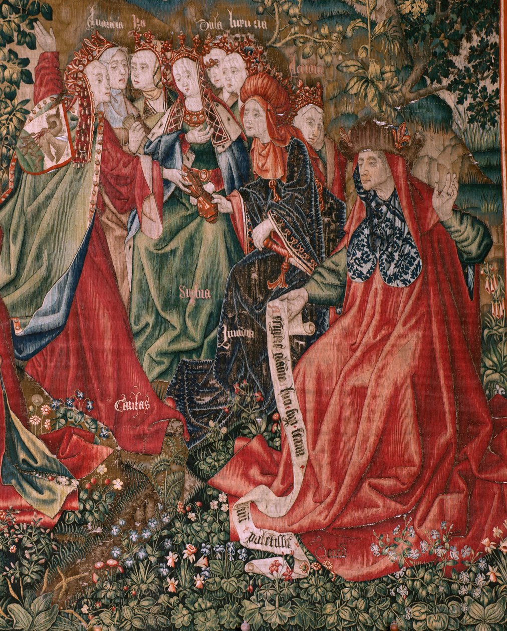 Tapisserie flamande. Série Rédemption humaine ou Vices et Vertus. Les Vertus défient les Vices lorsque le Christ commence son ministère. Sixième tapisserie de la série (troisième de celles conservées à Palencia). - Flemish School