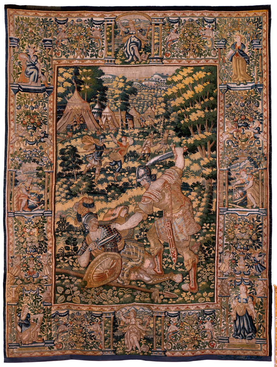 Tapisserie flamande. Série Histoire de Cyrus. N° V Combat entre deux guerriers et la mort de Cyrus. Anonyme, basé sur Michiel Coxcie. Atelier Anvers. Soie et laine. Vers 1590. - Flemish School