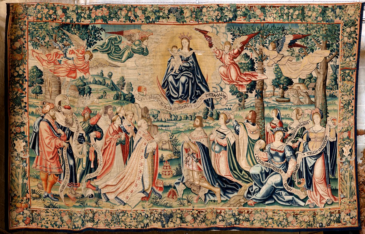 Tapisserie flamande. Série La Grêle. Salve Regina. Manufacture ateliers de Bruxelles, une possible manufacture par Marc Crétif. Ca 1528. Taille 412 x 652 cm. Tissu Soie et laine. Emplacement Cathédrale de Palencia. Origine Un legs de l