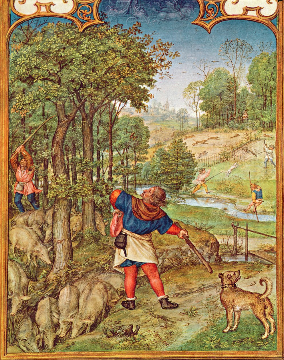 Le mois de novembre : Récolte des glands pour les porcs et chasse, du Breviarium Grimani, c.1515 - Flemish School