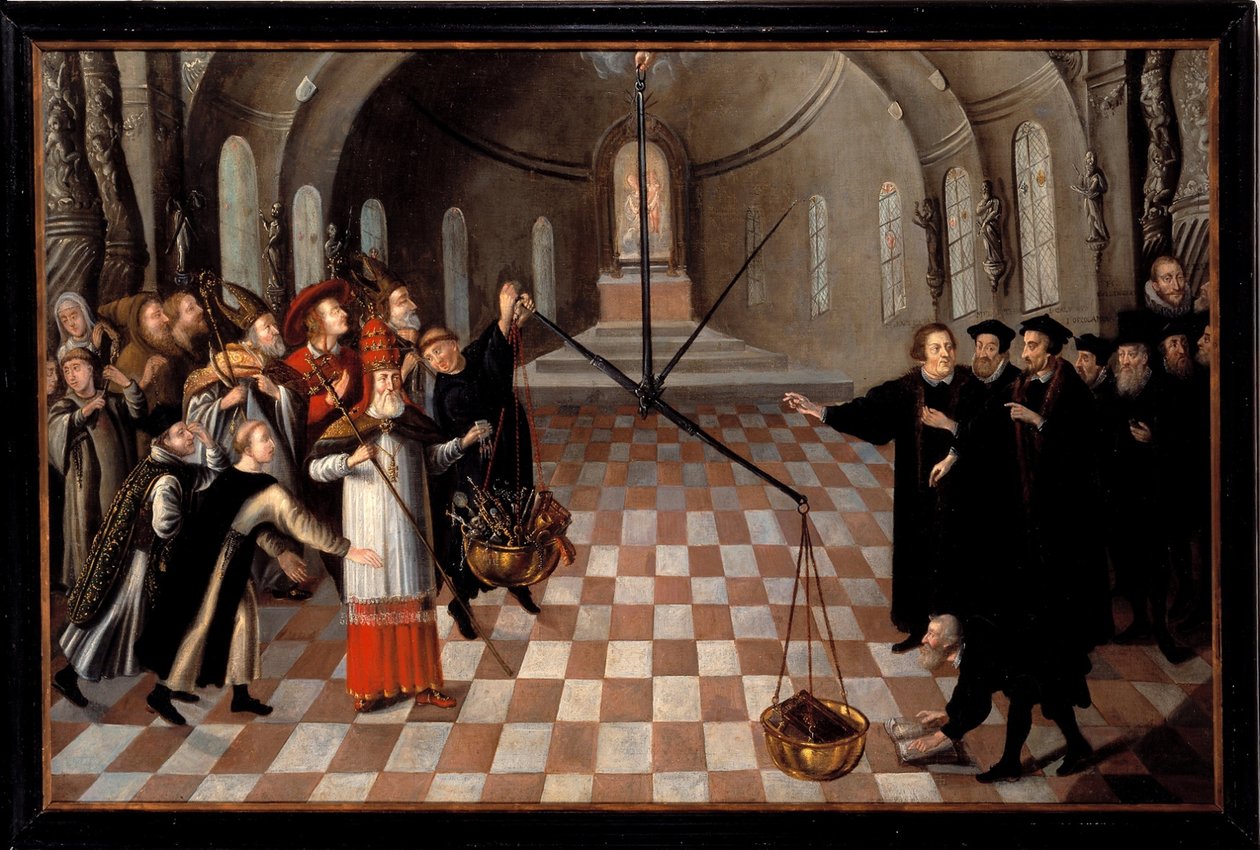 ""La pesée des religions"" Caricature luthérienne contre la religion catholique, représentée à gauche, opulente mettant dans la balance ses richesses, mais vaincue par la foi protestante à droite dont la seule bible pèse plus lourd - Peinture anonyme - Flemish School