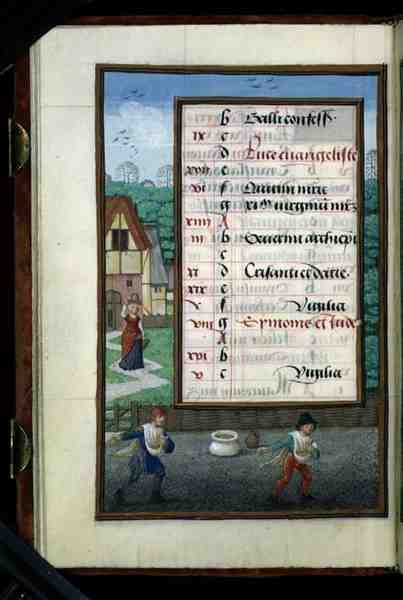Deux hommes semant du maïs, page de calendrier illuminée pour octobre, d