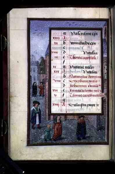 Ms 1058-1975 f12v Neige dans une rue, page de calendrier illuminée pour décembre, d