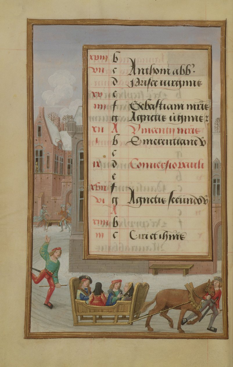 Ms 1058-1975 f1v Scène de rue dans la neige, page de calendrier illuminée pour janvier, d
