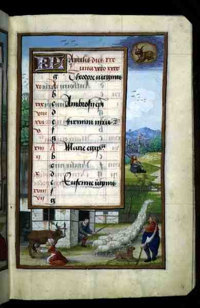 Ms 1058-1975 f4r Scène de ferme, page de calendrier illuminée pour avril, d