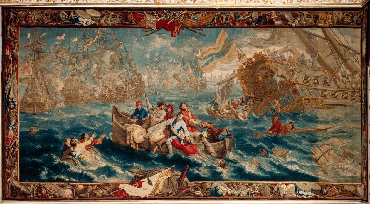 Palais (Schlossanlage Schleißheim). Tapisserie flamande. Atelier de Bruxelles Judocus De Vos. Design Lambert De Hondt. Bataille navale de La Hogue. Laine et soie. Vers 1715 - 1724. - Flemish School