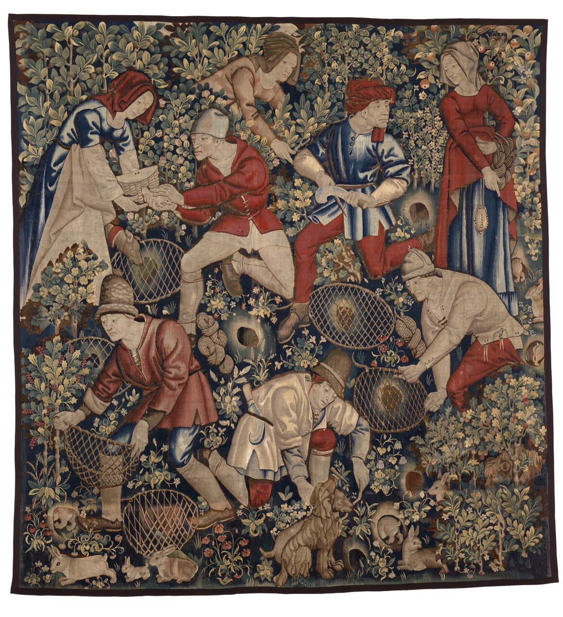 Tapisserie représentant des paysans chassant des lapins avec des furets, Tournai, c.1450-75 (laine) - Flemish School