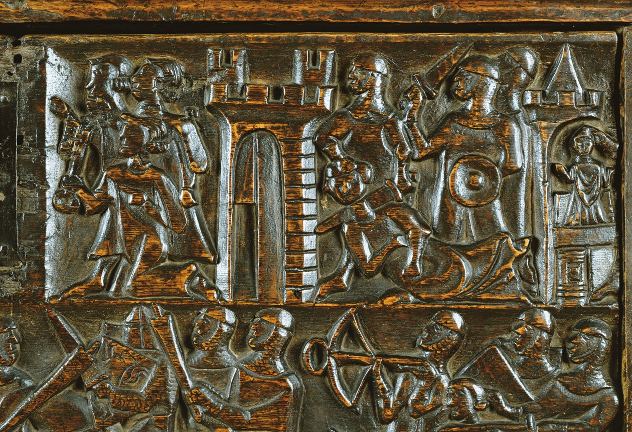 Le coffre de Courtrai représentant des fantassins flamands battant la cavalerie française (détail) - Flemish School
