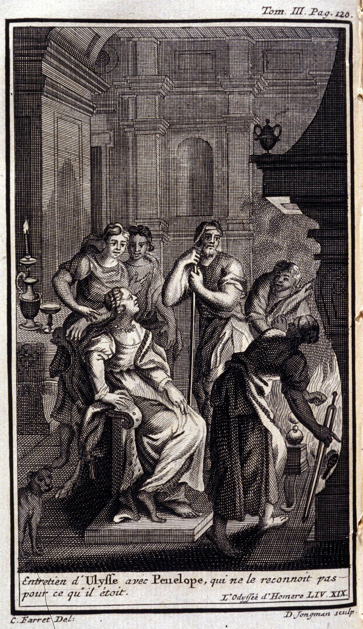 Ulysse rencontre Pénélope, qui ne le reconnaît pas. Illustration pour le livre XIX de l