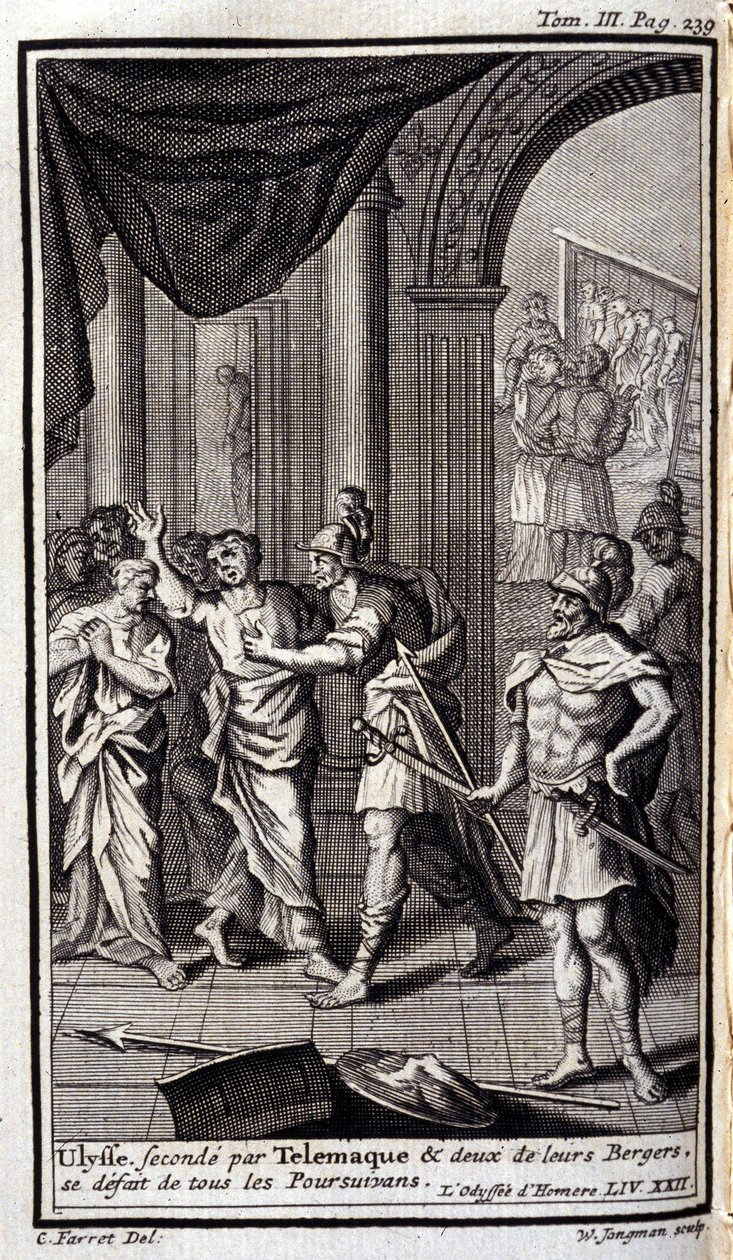 Ulysse secondé par Télémaque et deux de leurs bergers dispersent tous les poursuivants. Illustration pour le livre XXII de l