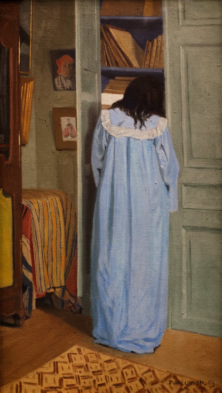 Intérieur, femme en bleu cherchant dans un placard - Felix Edouard Vallotton