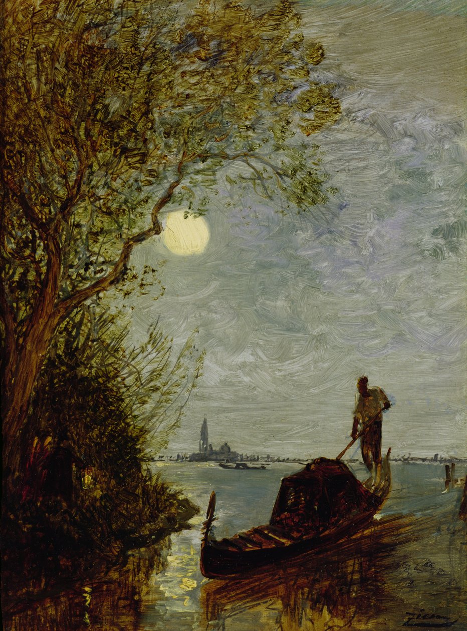 Scène au clair de lune avec gondole - Félix Ziem