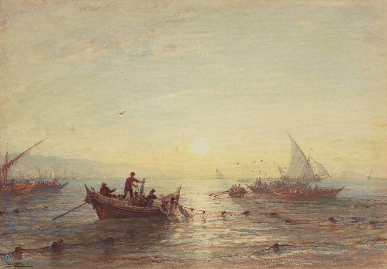 Pêche au thon au lever du soleil au large de la côte près de Marseille - Félix Ziem