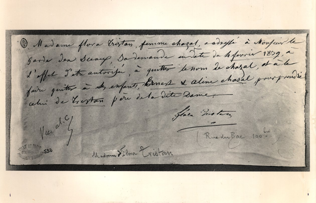 Lettre autographe de Flora Tristan (1803-44) au ministre français de la Justice, demandant le divorce, 4 février 1839 - Flora Tristan