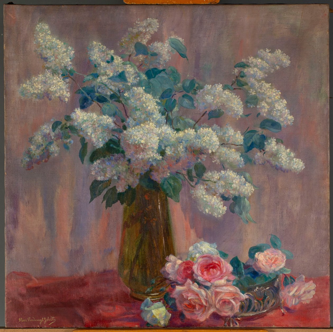Lilas et roses (huile sur toile) - Flore Geleedts