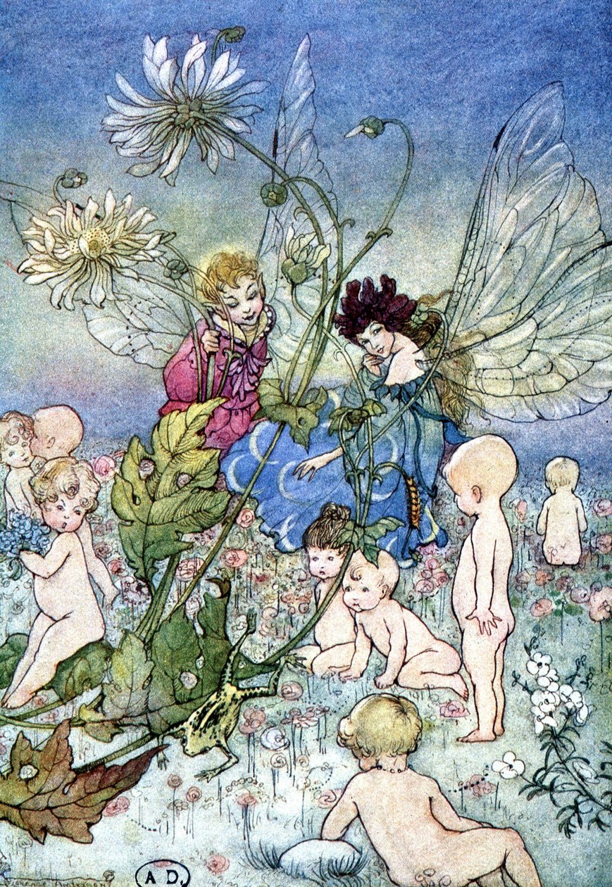 Femme-libellule (fée) et elfe entourés de bébés - dans « My Fairyland » de Fiona Malcom, ill. Florence Anderson - Florence Anderson