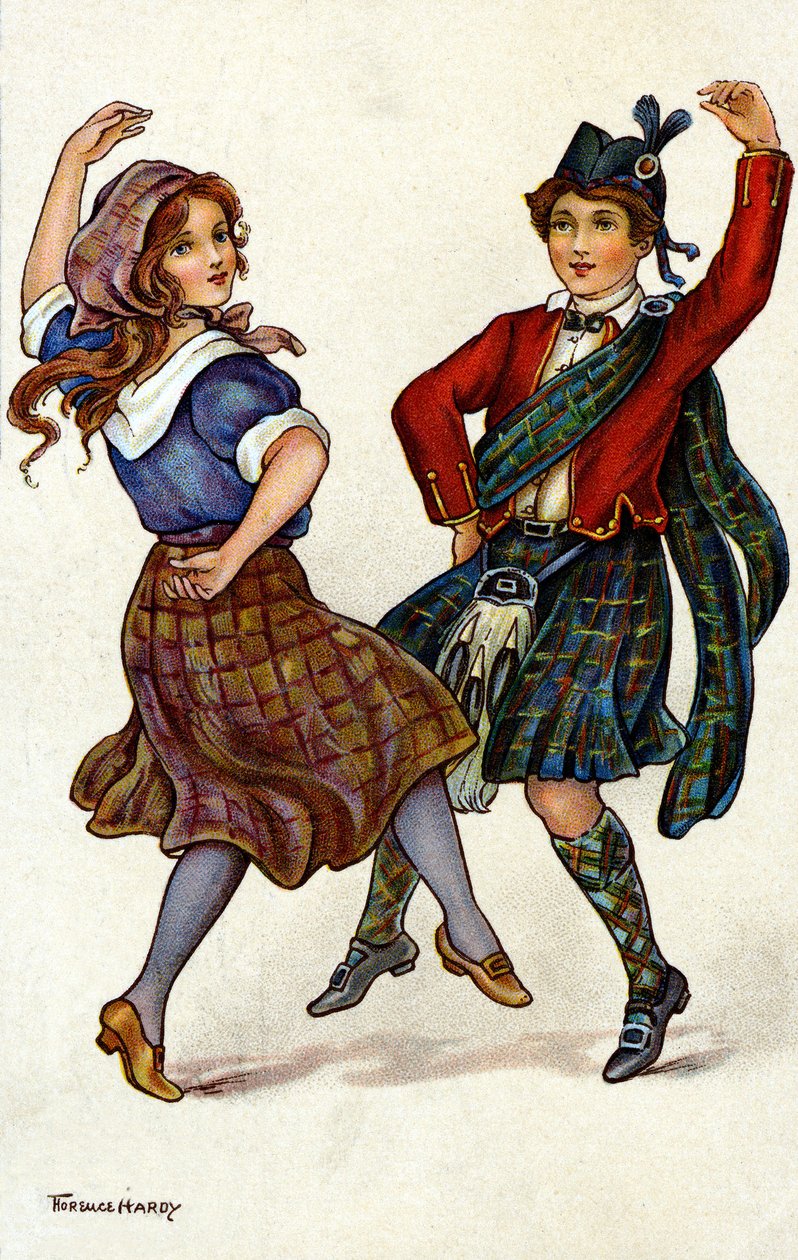 Couple dansant en costume traditionnel écossais. Chromolithographie par Florence Hardy - Florence Hardy