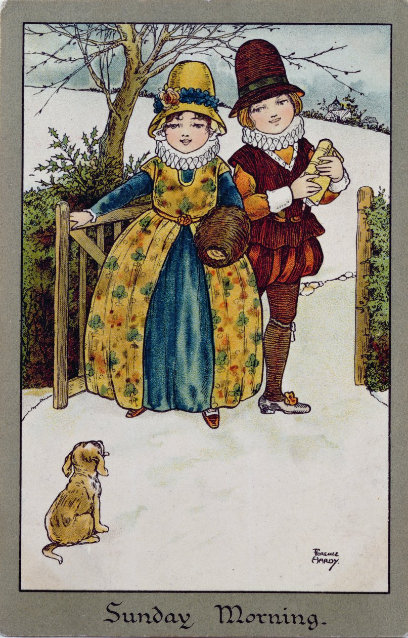 Dimanche matin, carte victorienne (lithographie en couleur) - Florence Hardy