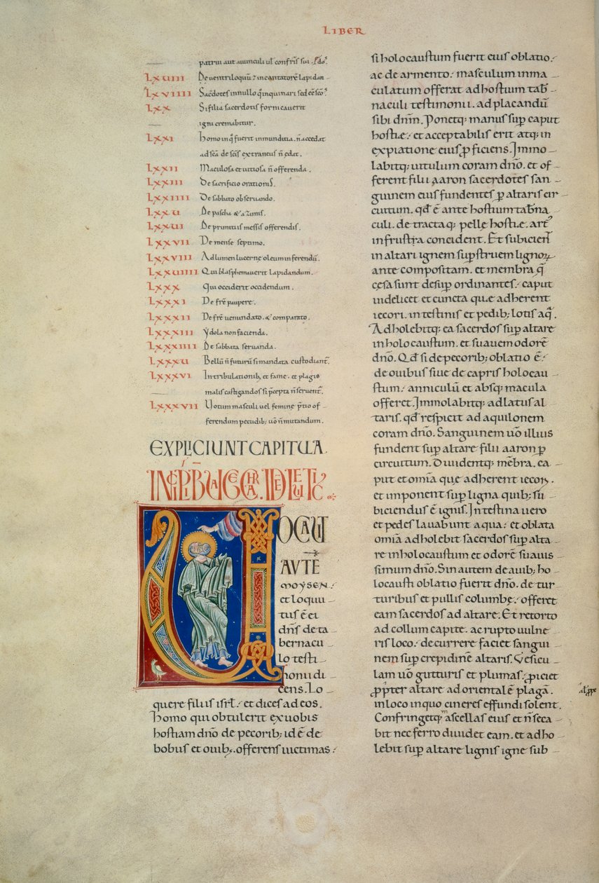 Page de la Bible de Corbolino avec initiale représentant Dieu parlant à Moïse, manuscrit - Florentine School
