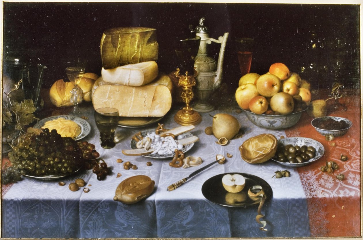 Néerlandais : Nature morte avec fruits, fromage, pain et vin Table dressée avec fromage et fruits - Floris van Dyck