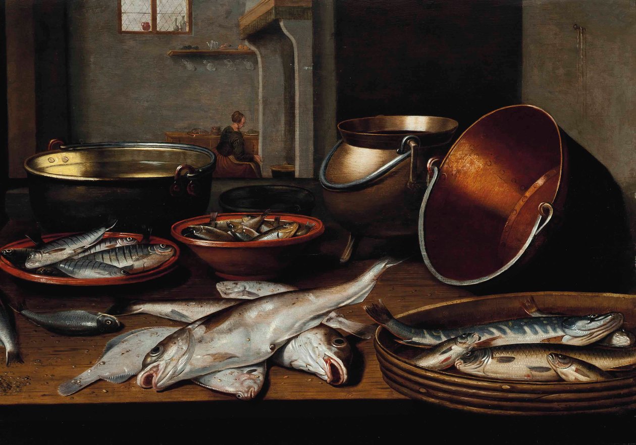 Intérieur de cuisine avec poissons et ustensiles sur une table - Floris van Schooten