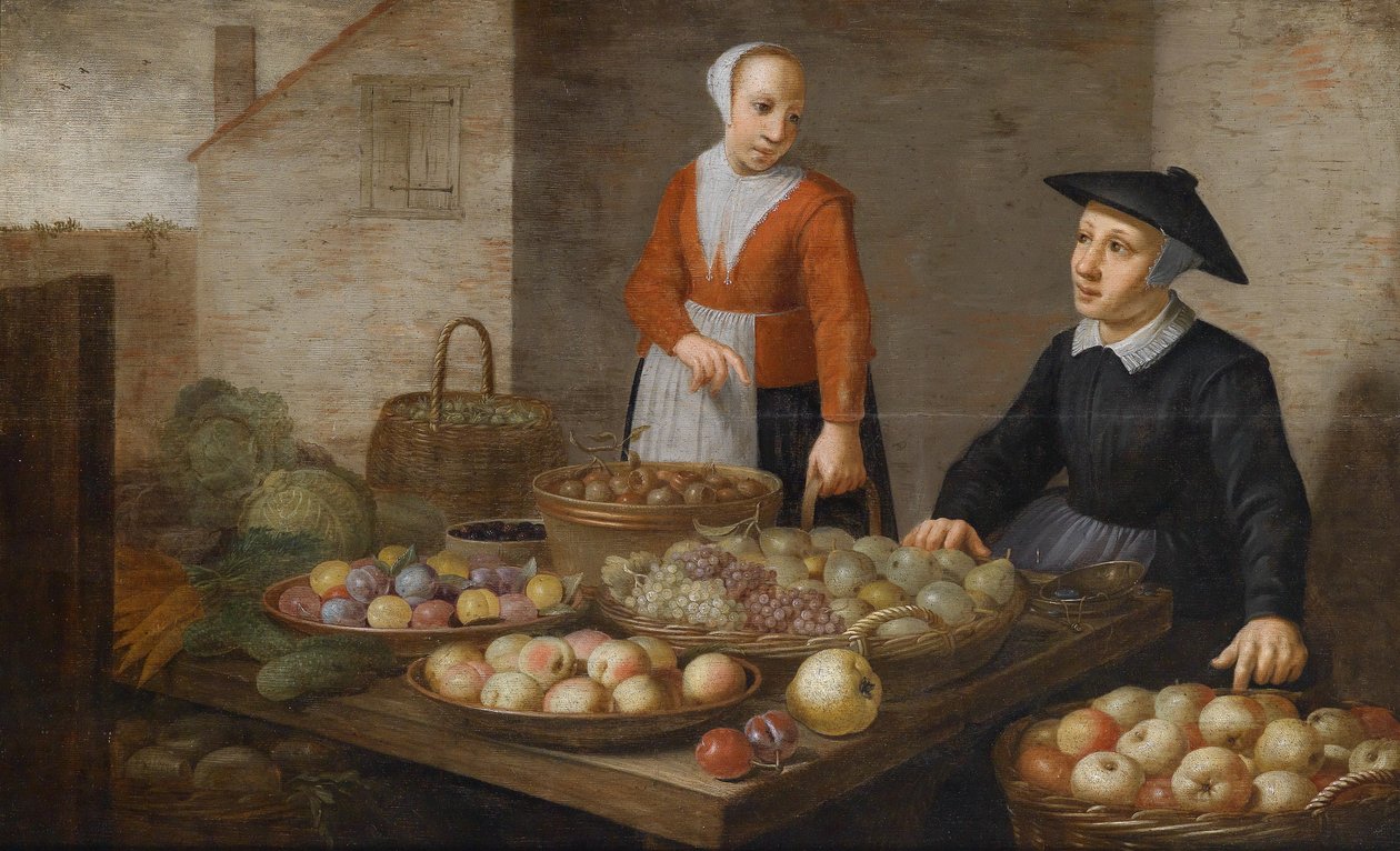 Scène de marché avec deux vendeuses de fruits et légumes - Follower of Floris van Schooten
