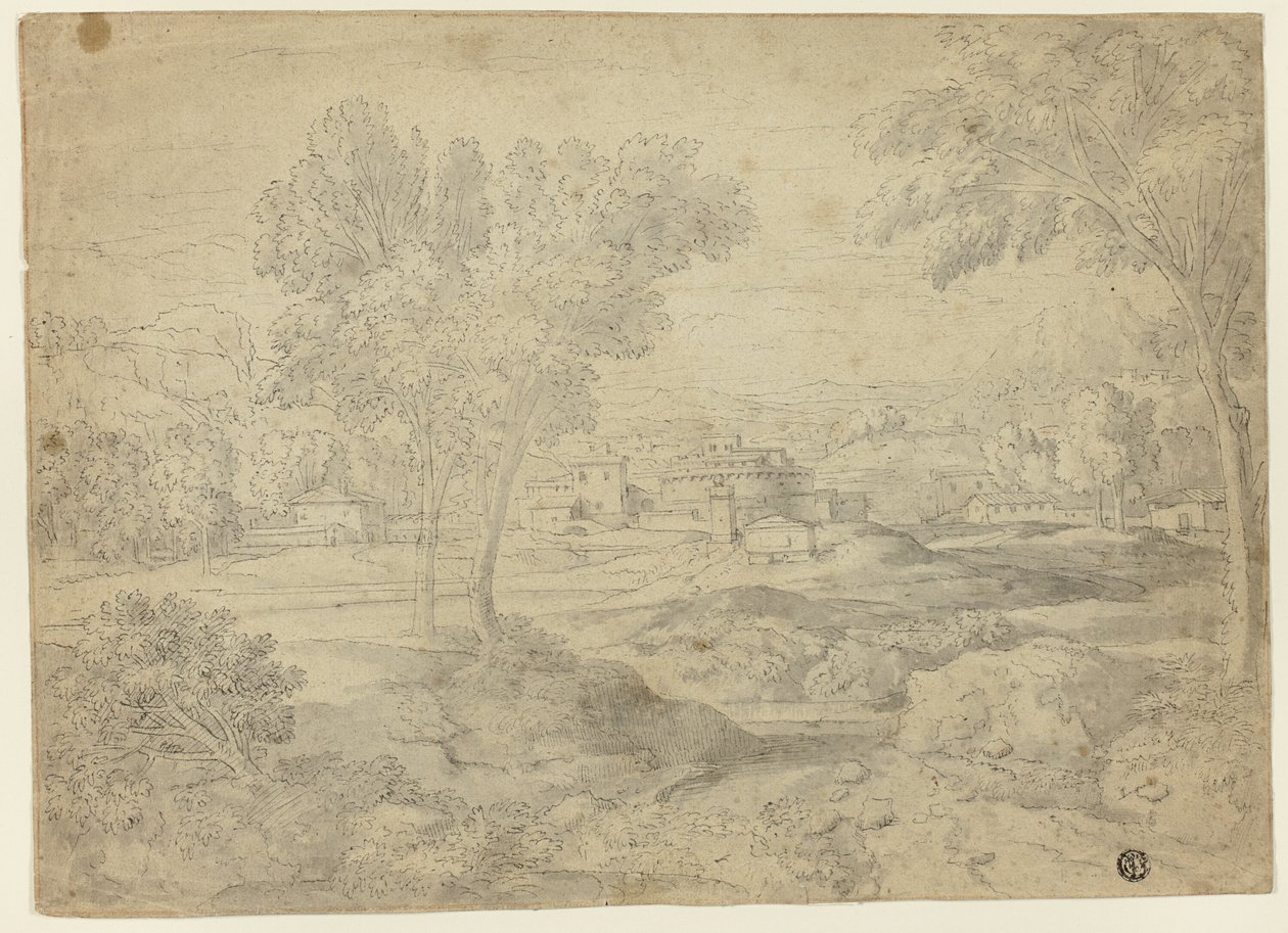 Paysage italianisant avec bâtiments - Follower of Nicolas Poussin