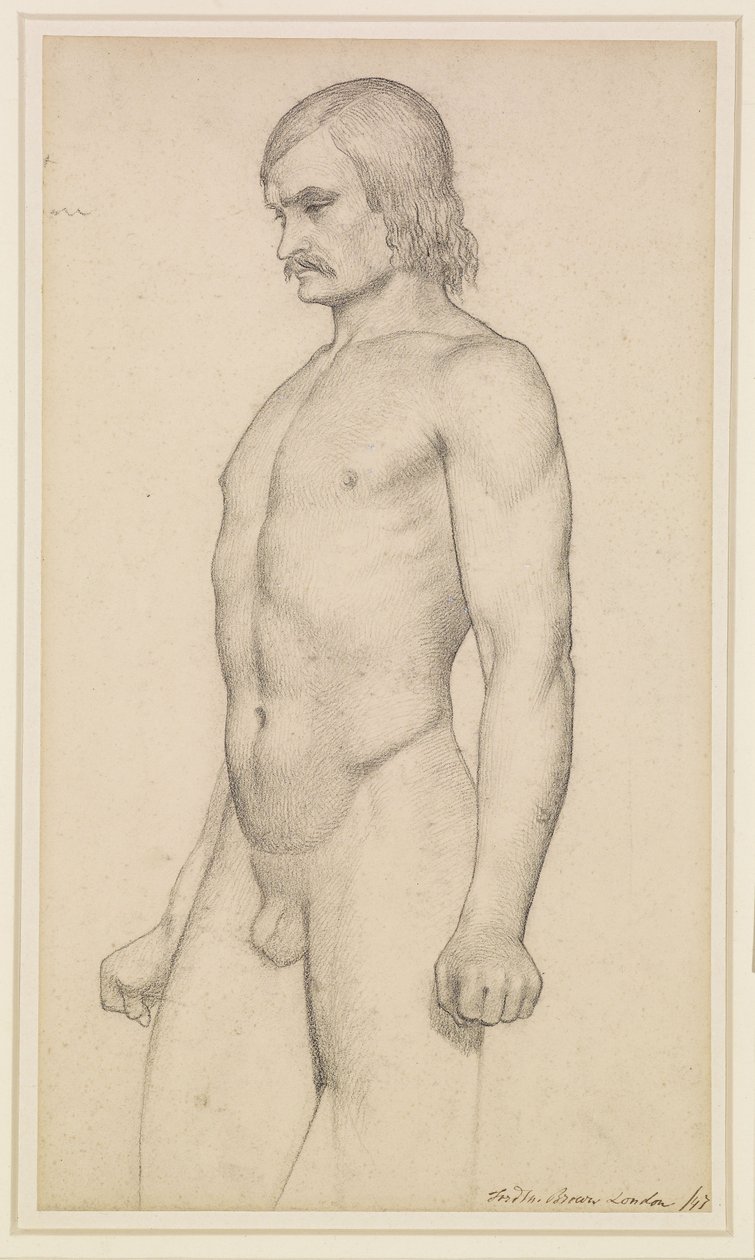 Nu masculin - Étude académique, nu de trois-quarts, avec moustache et poings serrés - Ford Madox Brown