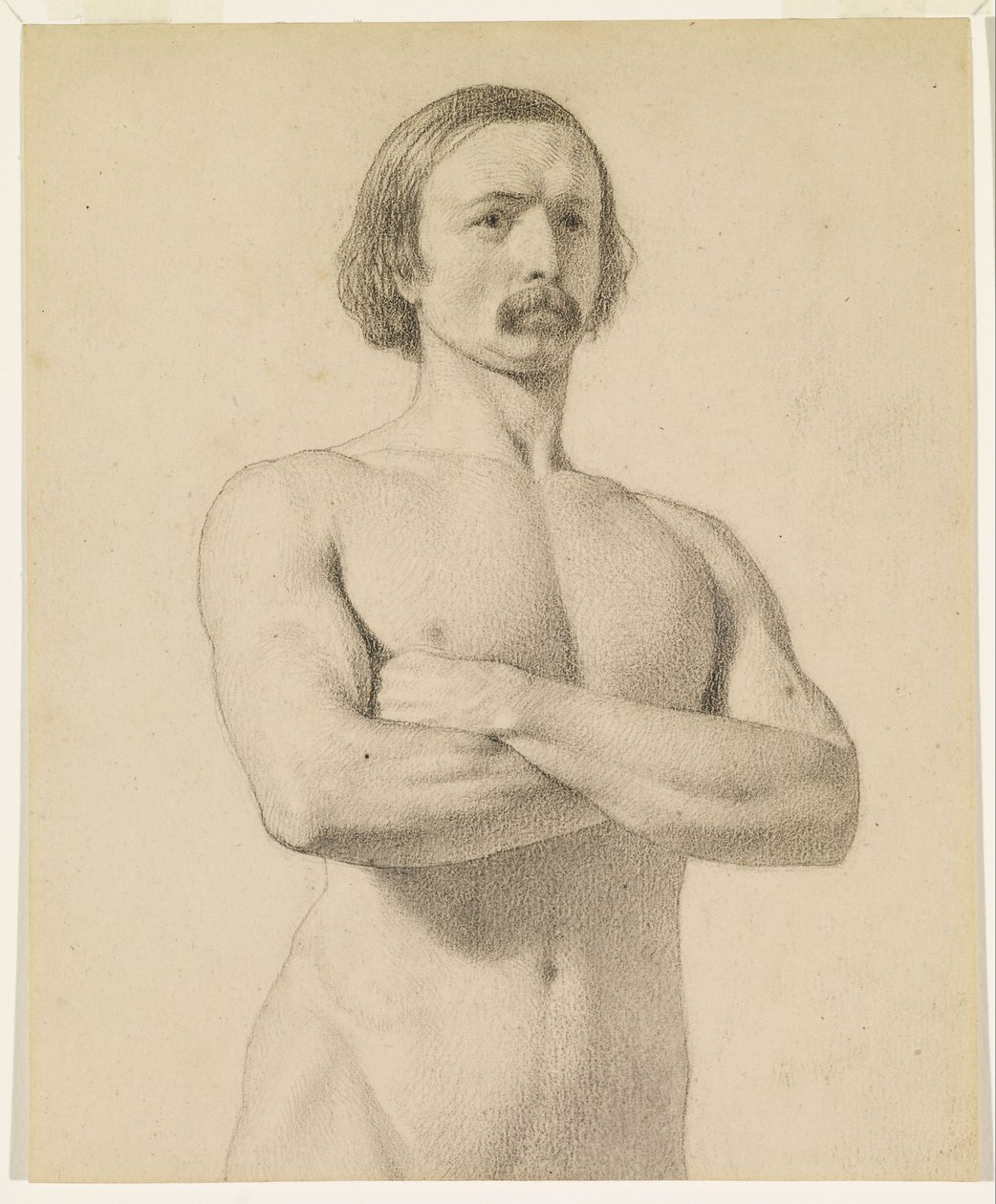 Nu masculin - Étude académique de nu, en demi-longueur avec moustache et bras croisés - Ford Madox Brown