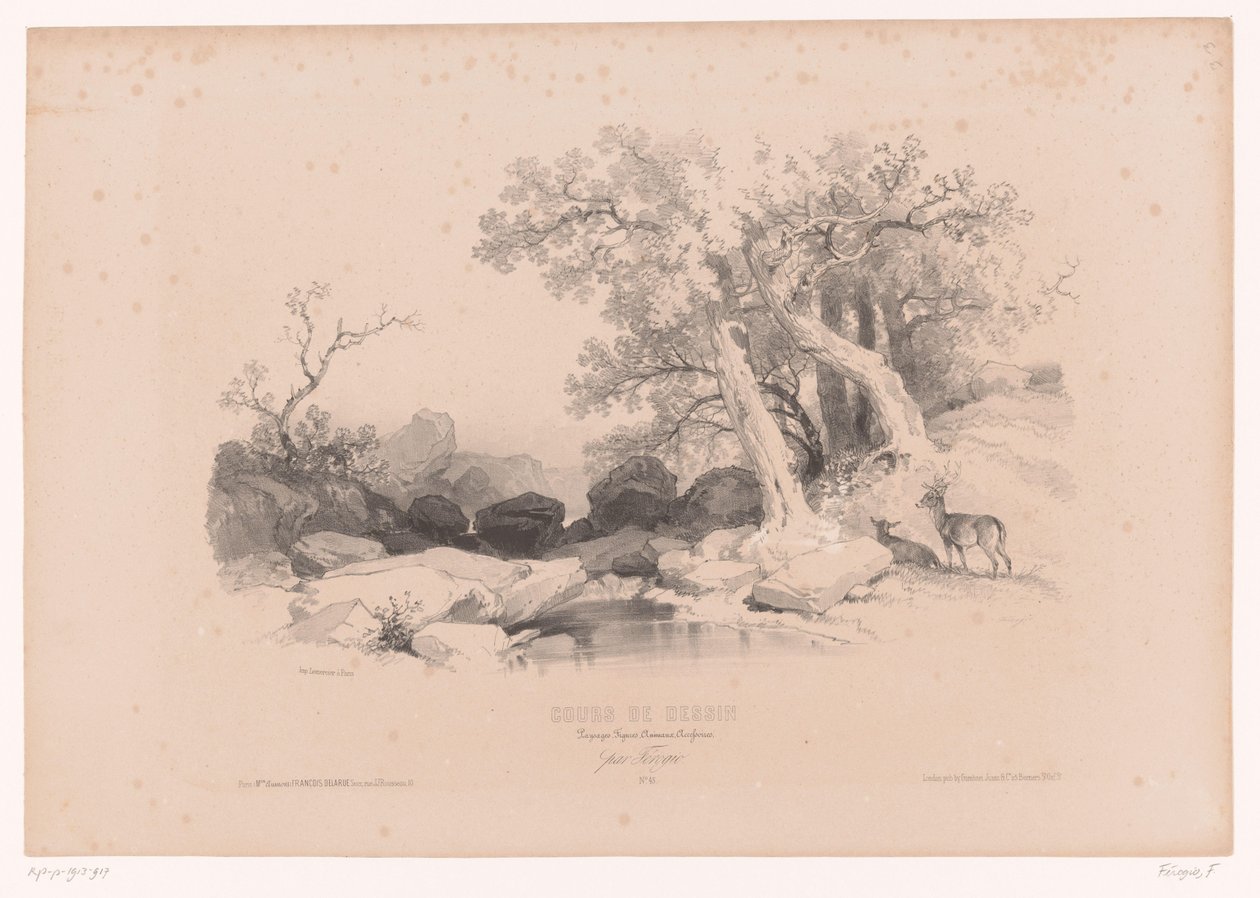 Paysage rocheux avec eau et deux cerfs (Cours de dessin. Paysages, figures, animaux, accessoires, par Férogio) - Fortuné Ferogio