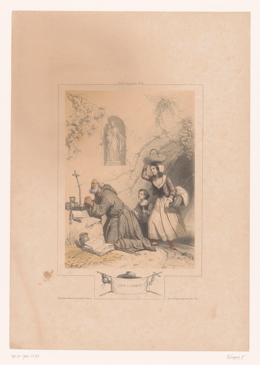 Femme et enfant visitant un ermite (Série: Motifs pour aquarelle) - Fortuné Ferogio