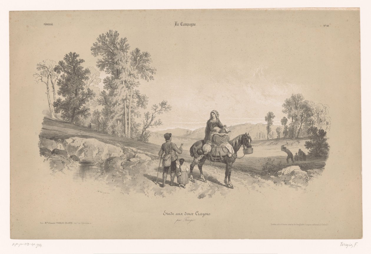 Femme à cheval avec homme et enfant dans un paysage - Fortuné Ferogio