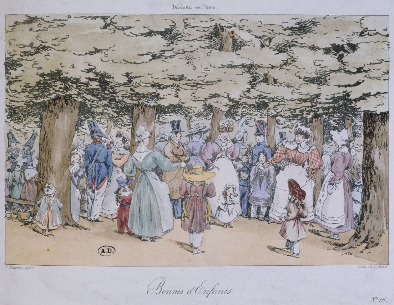Enfants et nourrices dans le parc, de la série Tableau de Paris, gravé par C. Motte, 1827 - Fortune Delarue