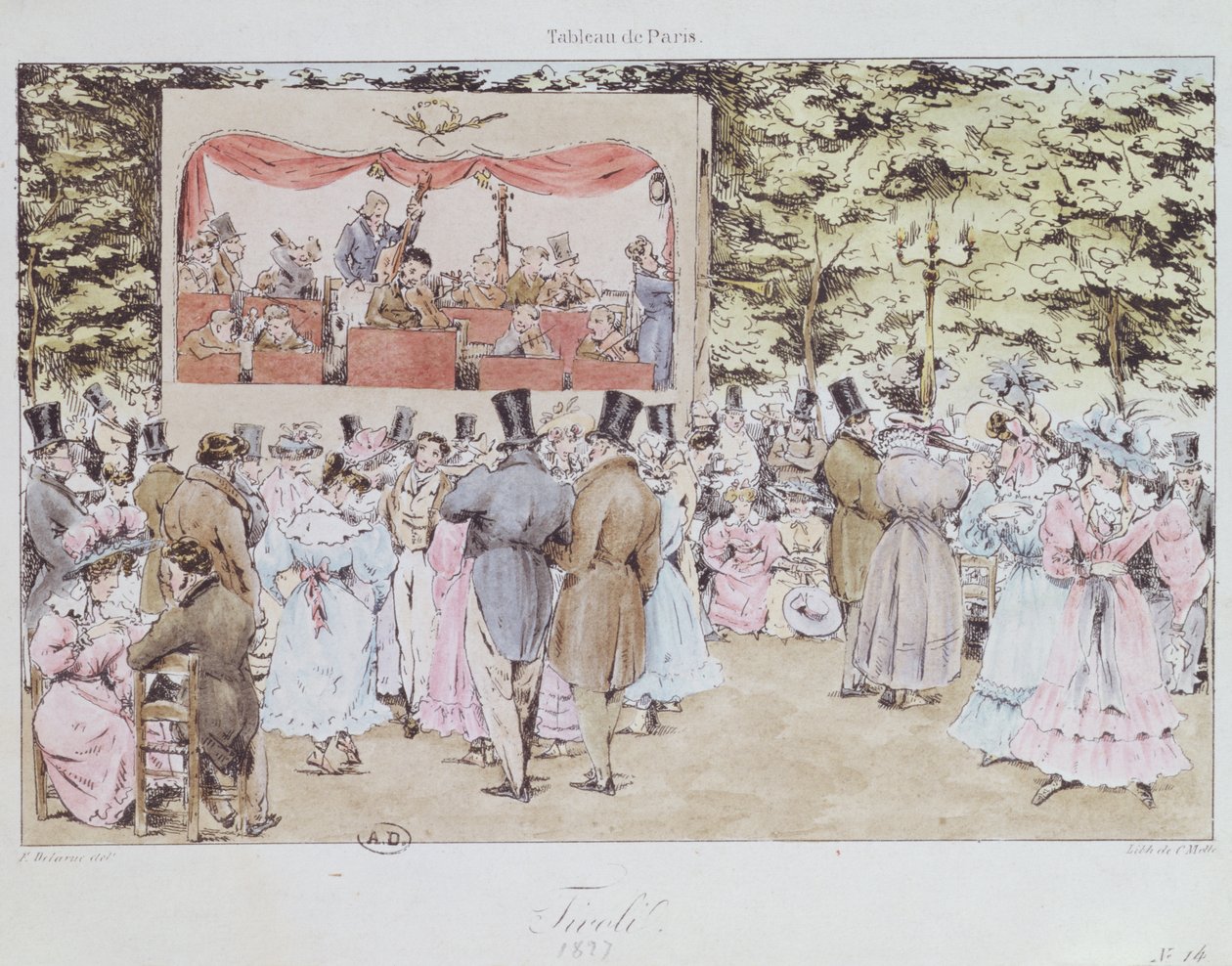 Divertissement musical aux nouveaux jardins Tivoli, Paris, gravé par C. Motte, 1827 - Fortune Delarue