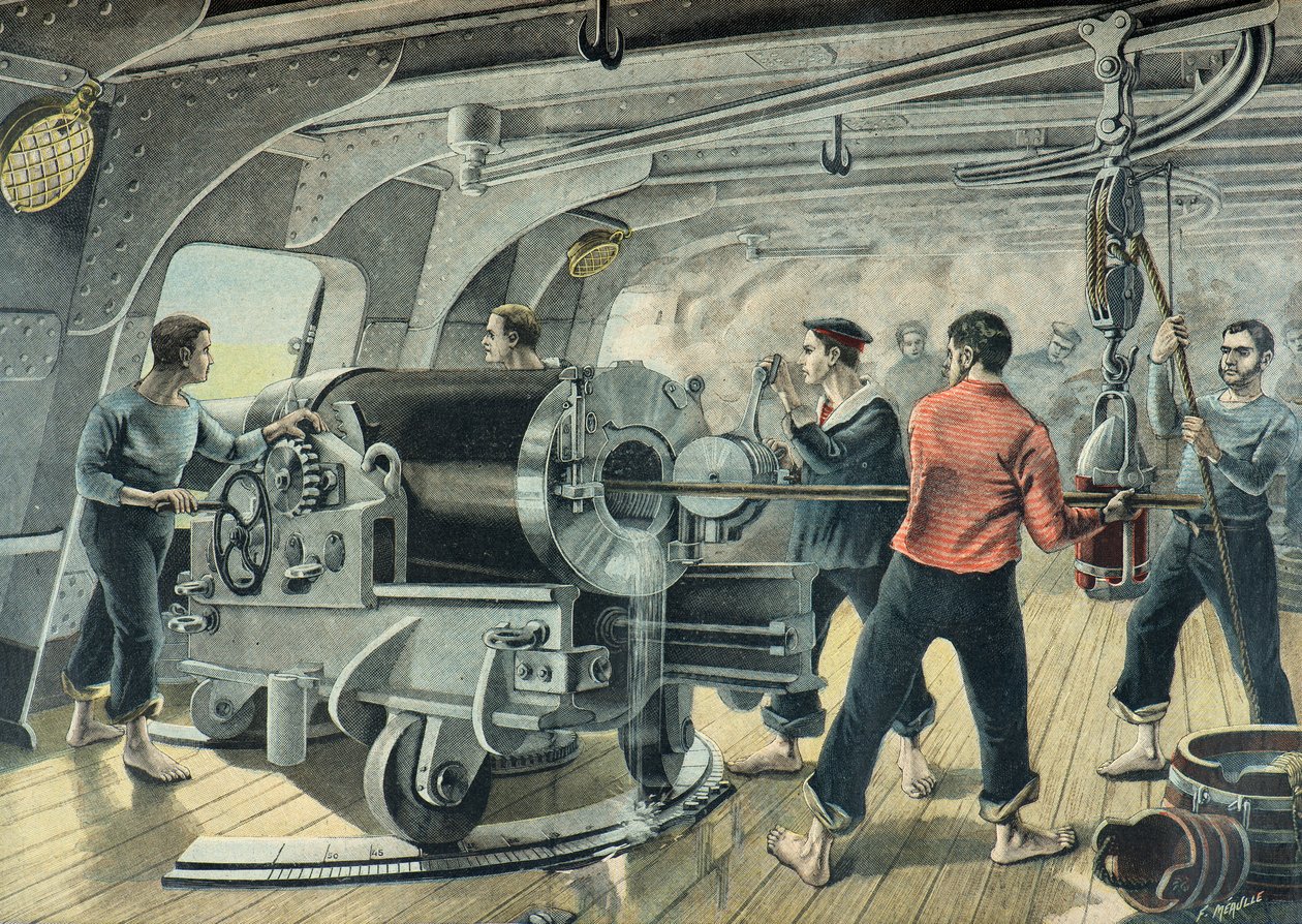 Une batterie de la marine bombarde Santiago de Cuba, guerre hispano-américaine de 1898 (Gravure) - Fortune Louis Meaulle