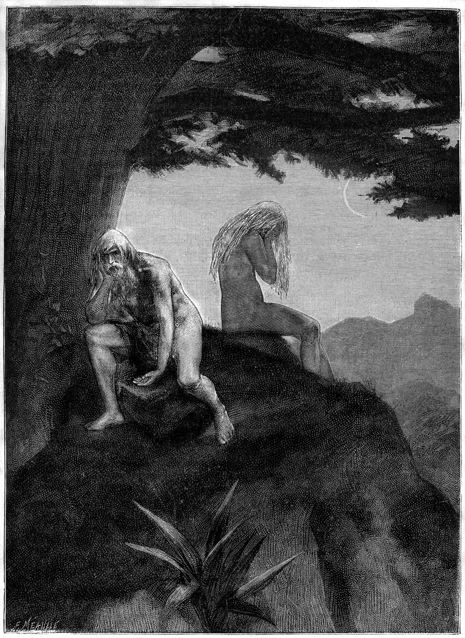 Adam et Ève. Dessin gravé par Meaulle, illustrant le poème de Victor Hugo « Les misheureux », dans la collection « Les contemplations », édition Paul Ollendorff, début du XXe siècle. - Fortune Louis Meaulle