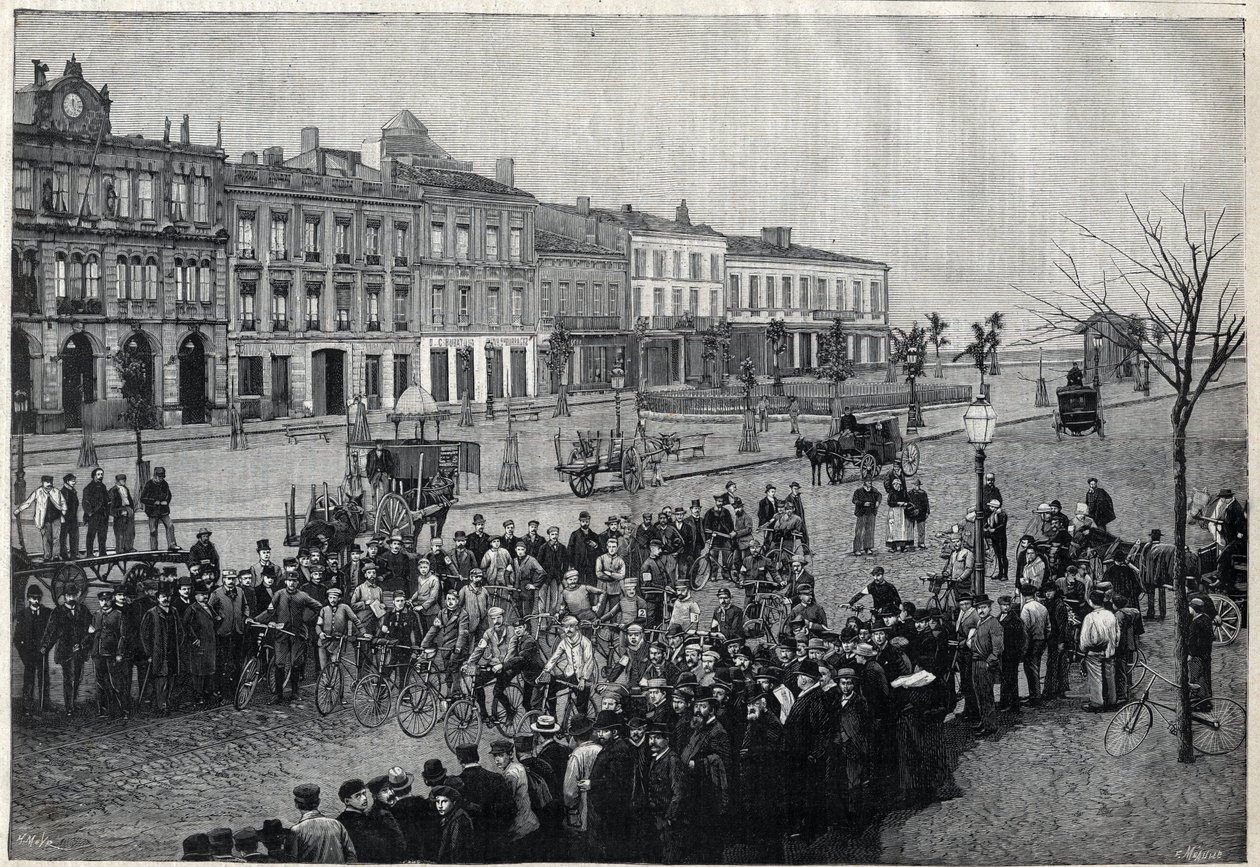 Départ de la course cycliste Bordeaux-Paris en 1891 - gravure par Meaulle de 1891 - Fortune Louis Meaulle