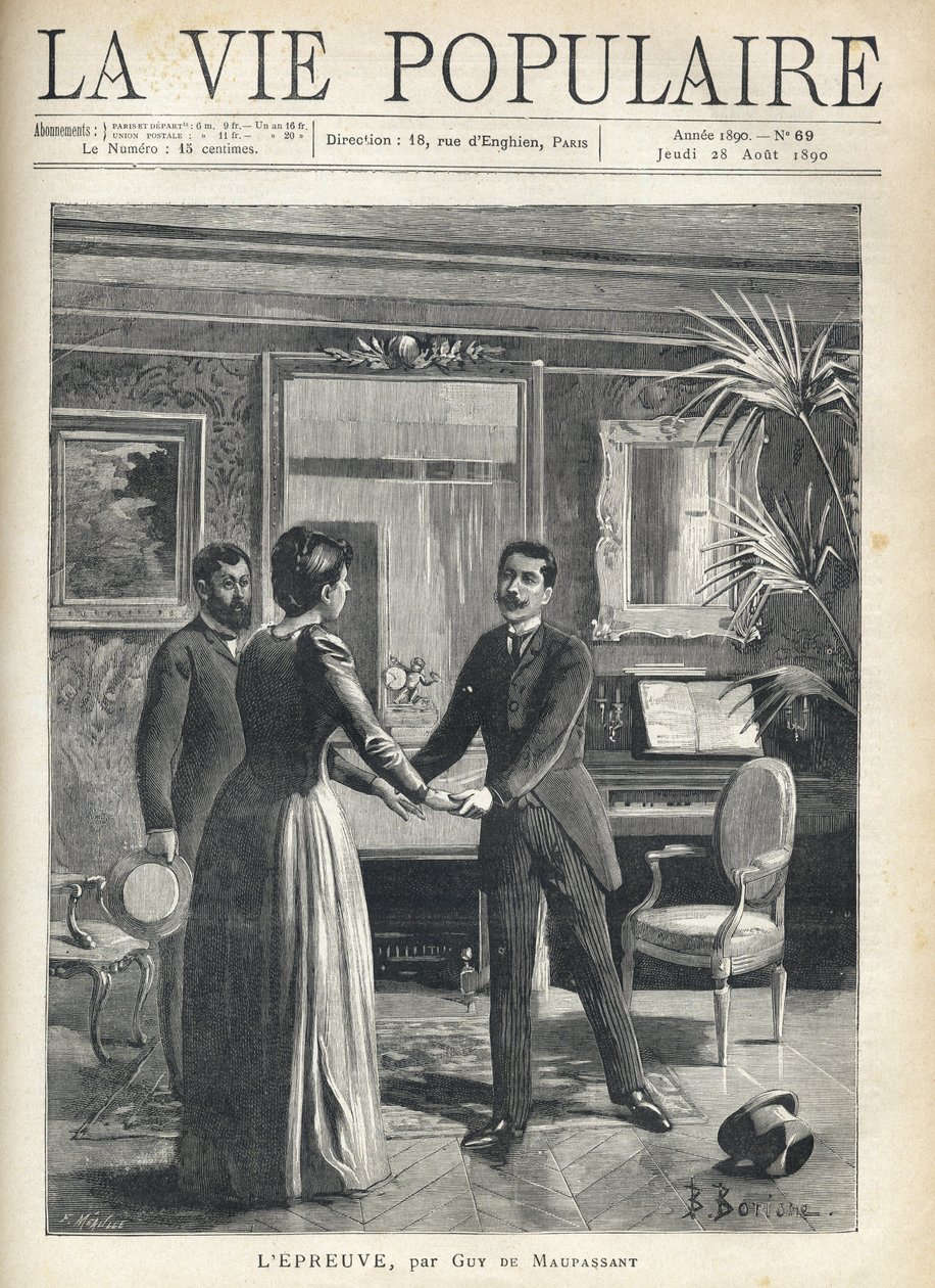 Dans un salon bourgeois, un homme se précipite vers la maîtresse de maison et lui saisit les mains, laissant tomber son chapeau par terre, sous le regard étonné d