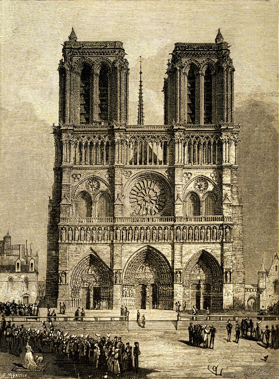 Notre Dame de Paris en 1482 : façade ouest et parvis. Gravure par F. Meaulle, d
