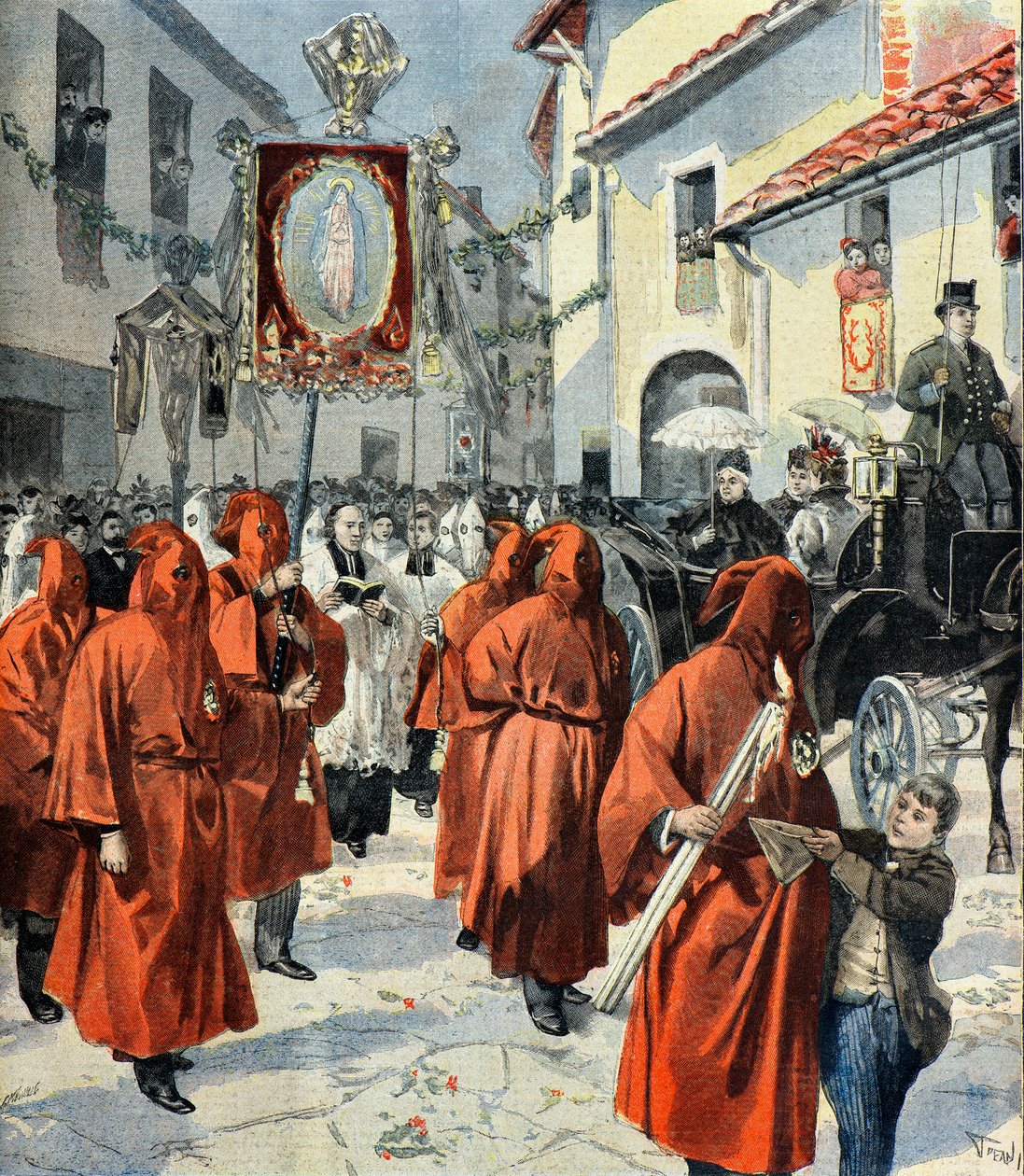 La reine Victoria assiste à la procession des pénitents rouges, Nice - Fortune Louis Meaulle