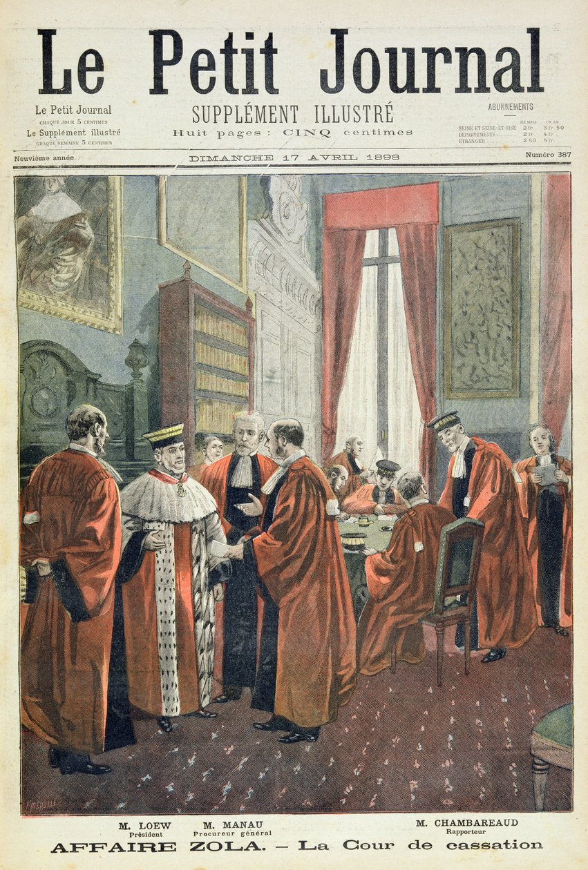 Page de titre représentant la Cour de Cassation avec M. Loew, M. Chambareaud et M. Manau, illustration du supplément illustré de Le Petit Journal - Fortune Louis Meaulle