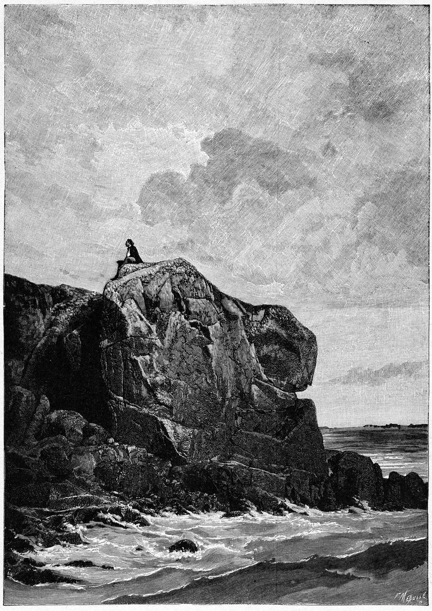 Victor Hugo en exil à Jersey en 1855, sur le Rocher des Proscrits. Gravure de Louis Fortuné Meaulle (1844-1901), dont Hugo disait : « Je pense, il grave ». - Fortune Louis Meaulle