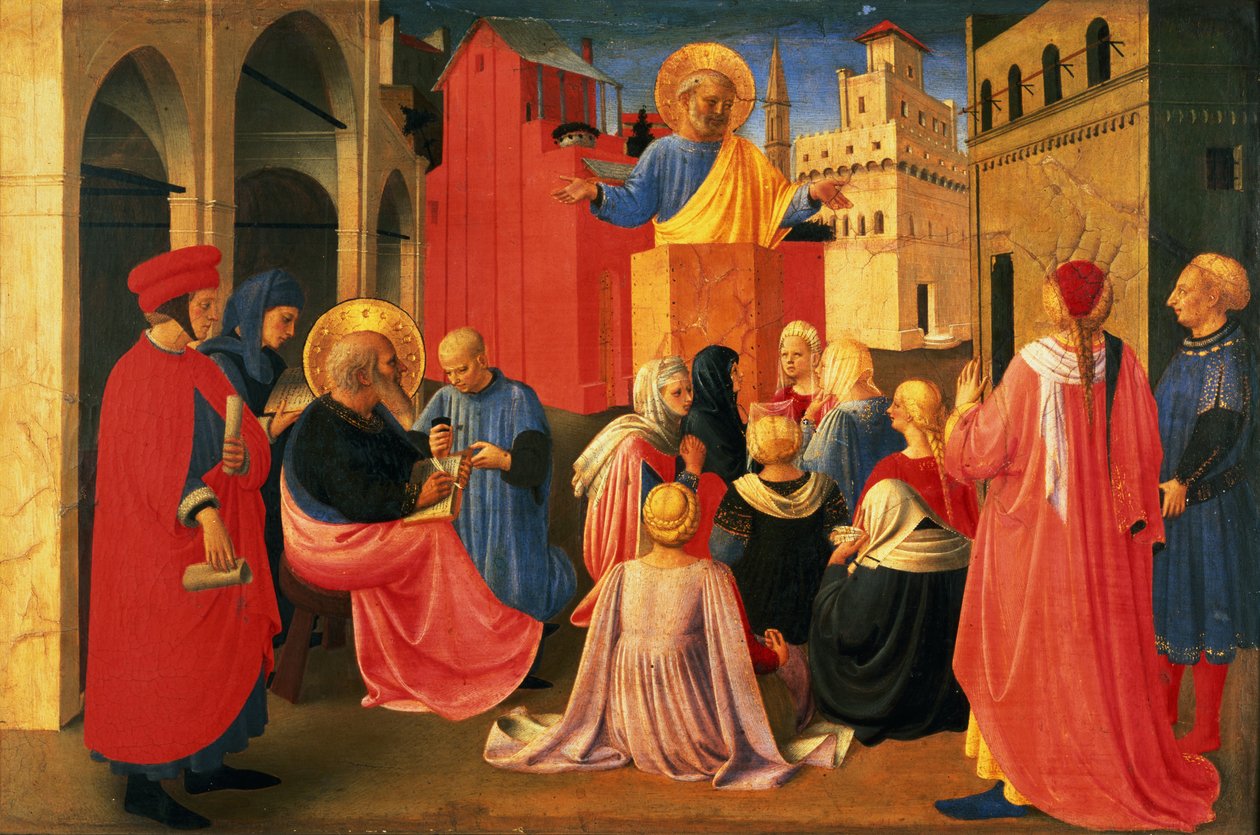 (détail) du Linaiuoli Triptyque, prédelle montrant Saint Pierre prêchant - Fra Angelico